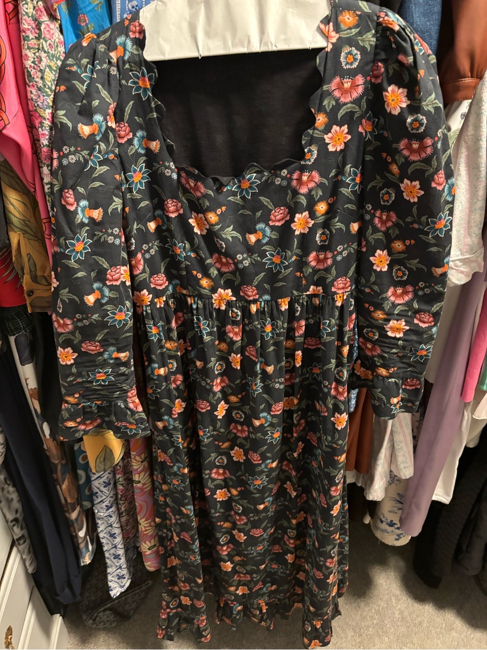 Black Floral Midi Dress with Puff Sleeves